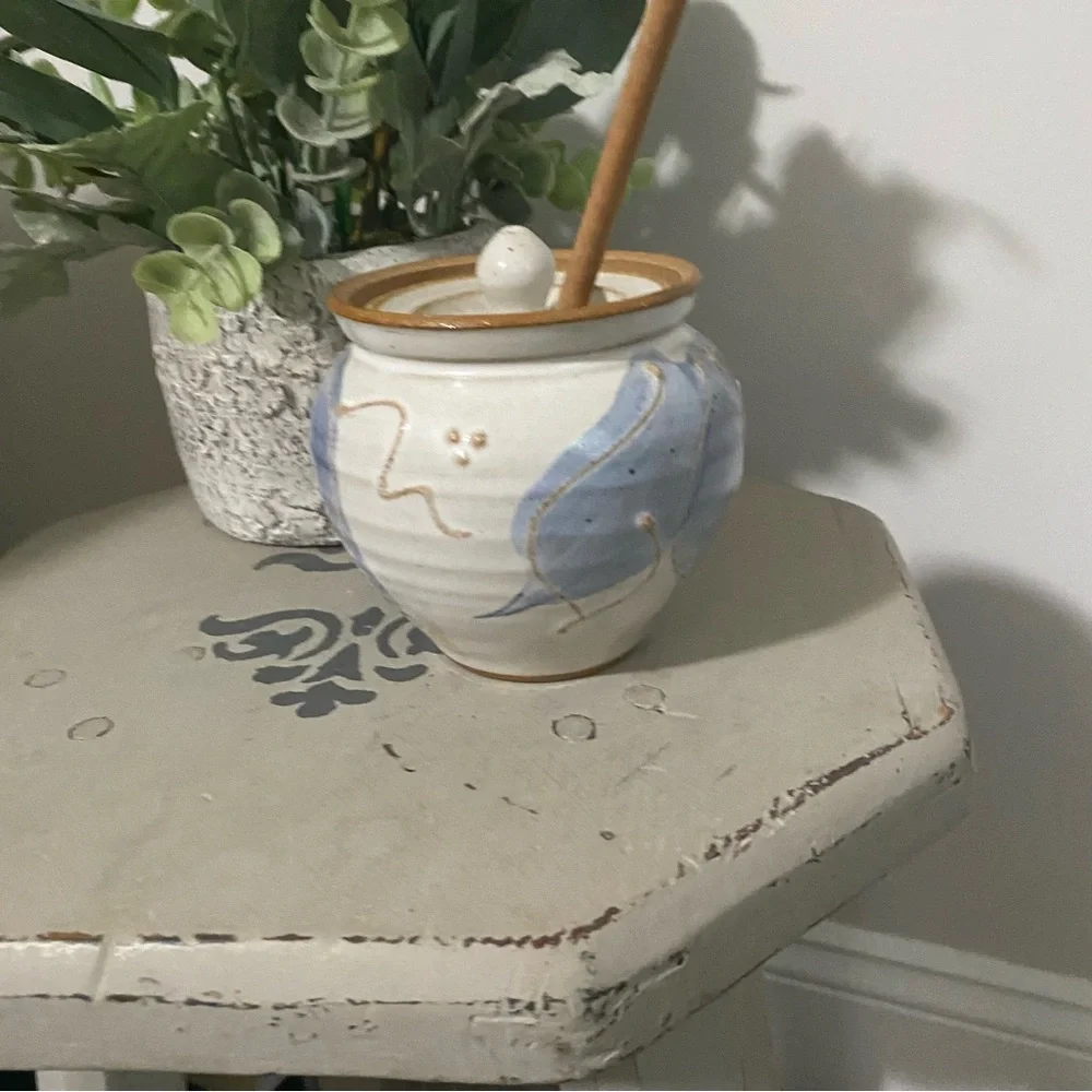 Vintage White & Blue Artisanal Handmade Glazed Ceramic Honey Jar